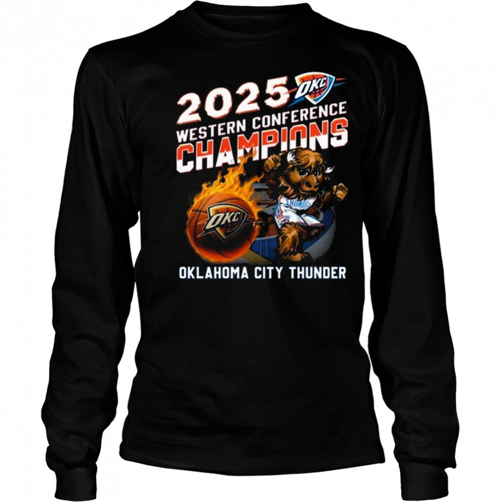 2025 Western Conference Champions Oklahoma City Thunder Mascot Fire Shirt Long Sleeved
