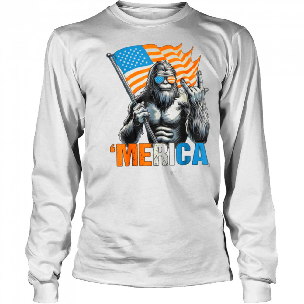 Bigfoot Merica Rock American Flag Patriotic 4th Of July T Shirt Long Sleeved