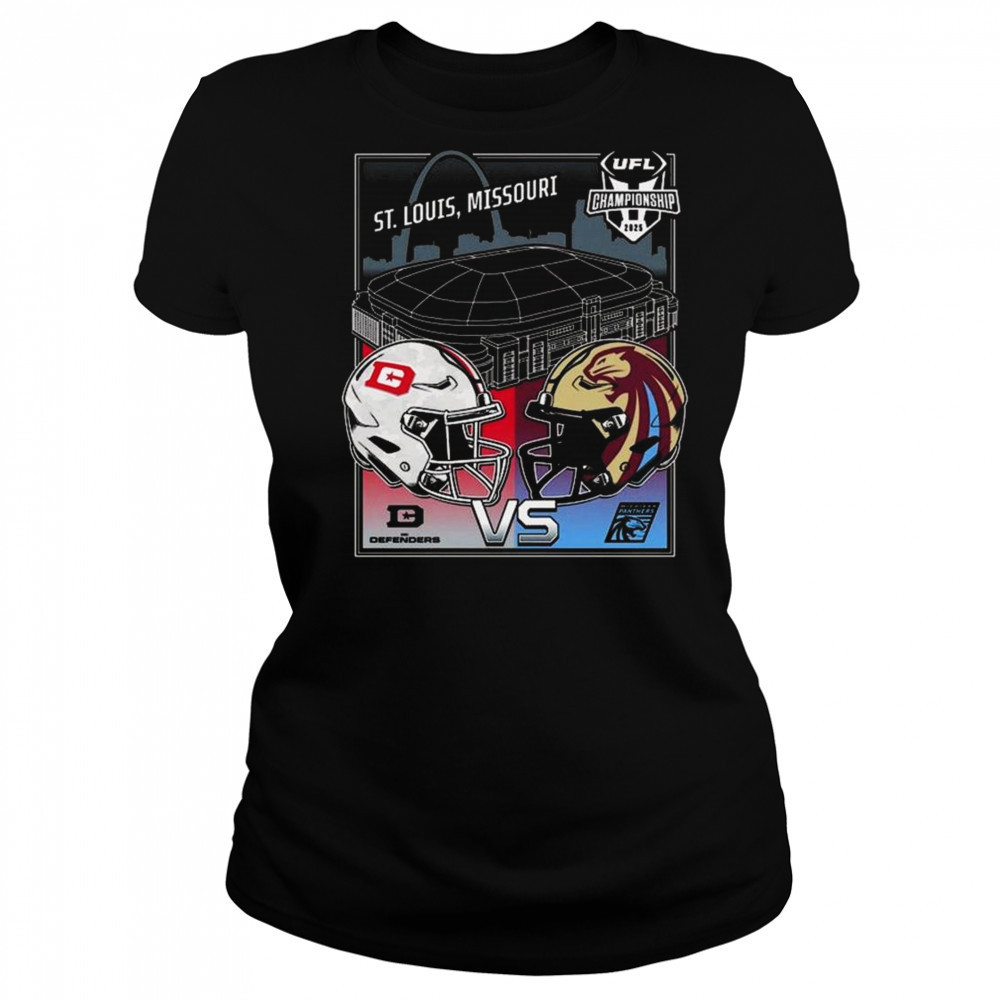 DC Defenders Vs Michigan Panthers UFL 2025 Championship Matchup St. Louis Missouri Head To Head Helmet Shirt Women's T-shirt