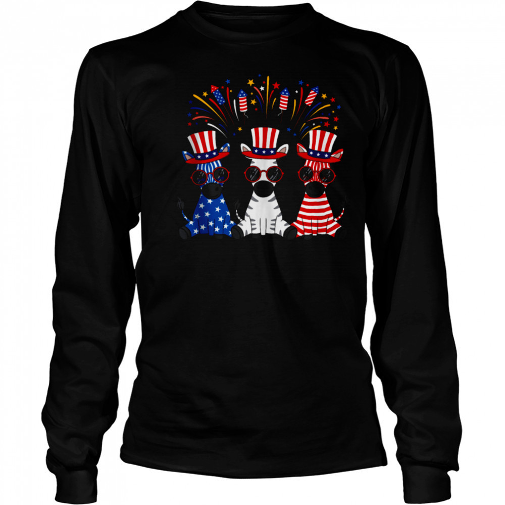 Funny Fireworks Zebra American USA Flag 4th of July T-shirt Long Sleeved