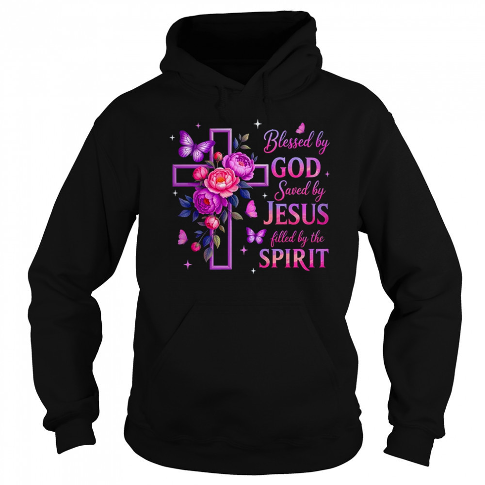 Blessed By God Saved By Jesus Purple Floral Cross Christian shirt Hoodie