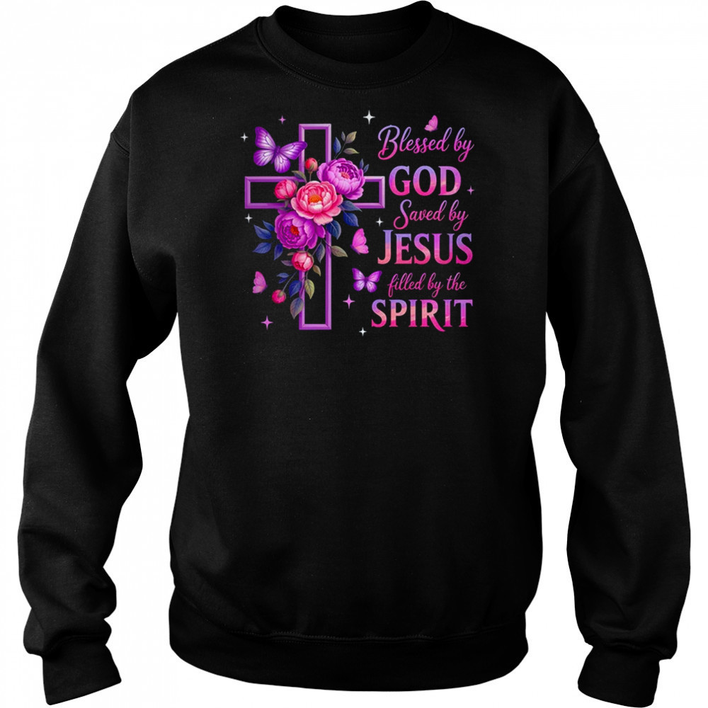 Blessed By God Saved By Jesus Purple Floral Cross Christian shirt Sweatshirt