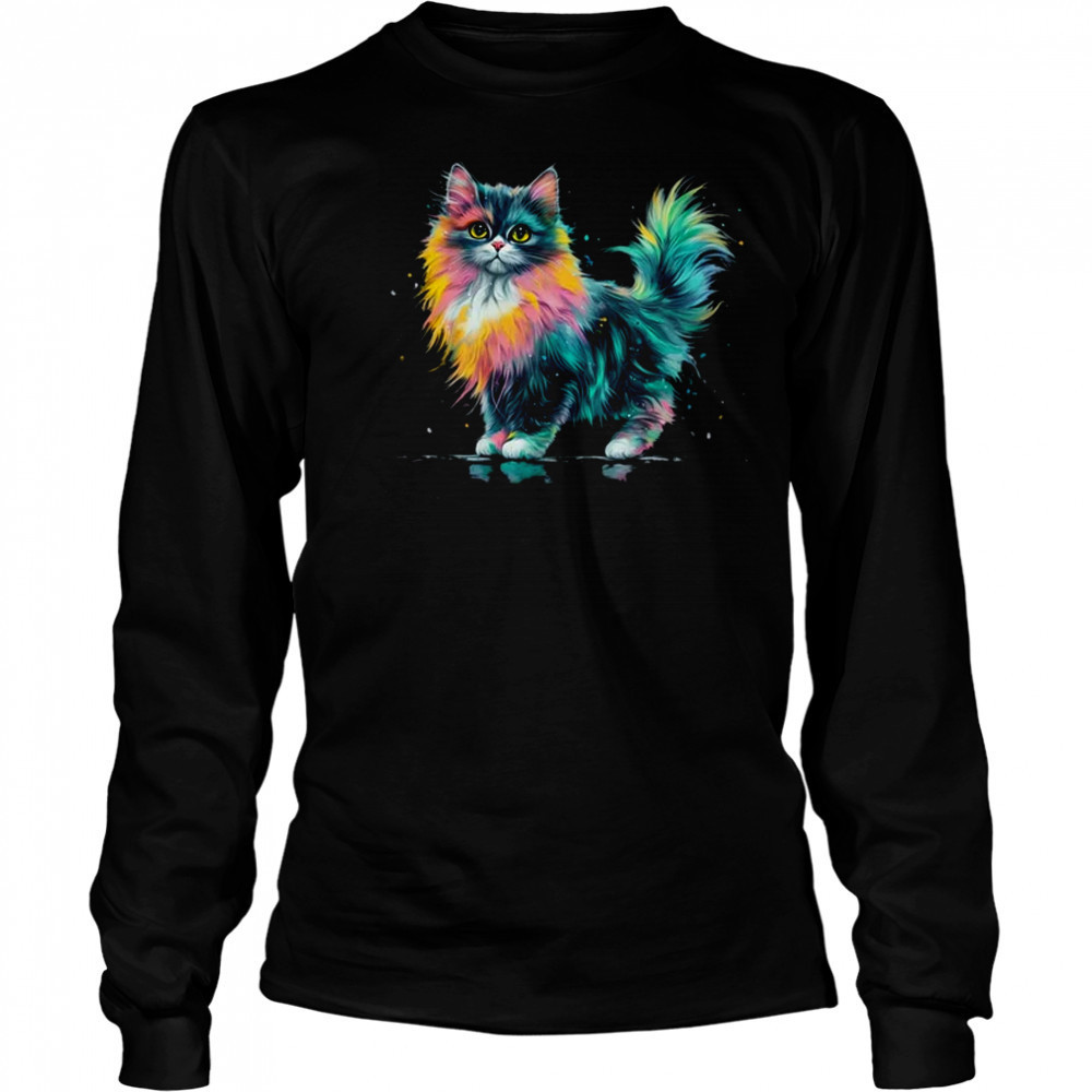 Cat Men Women Colourful Watercolour Cat Lover Animal Design shirt Long Sleeved