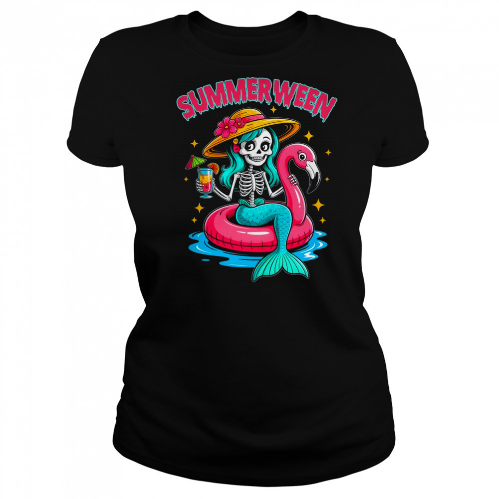 Summerween Mermaid Skeleton Halloween Flamingo Summer Vacay shirt Women's T-shirt