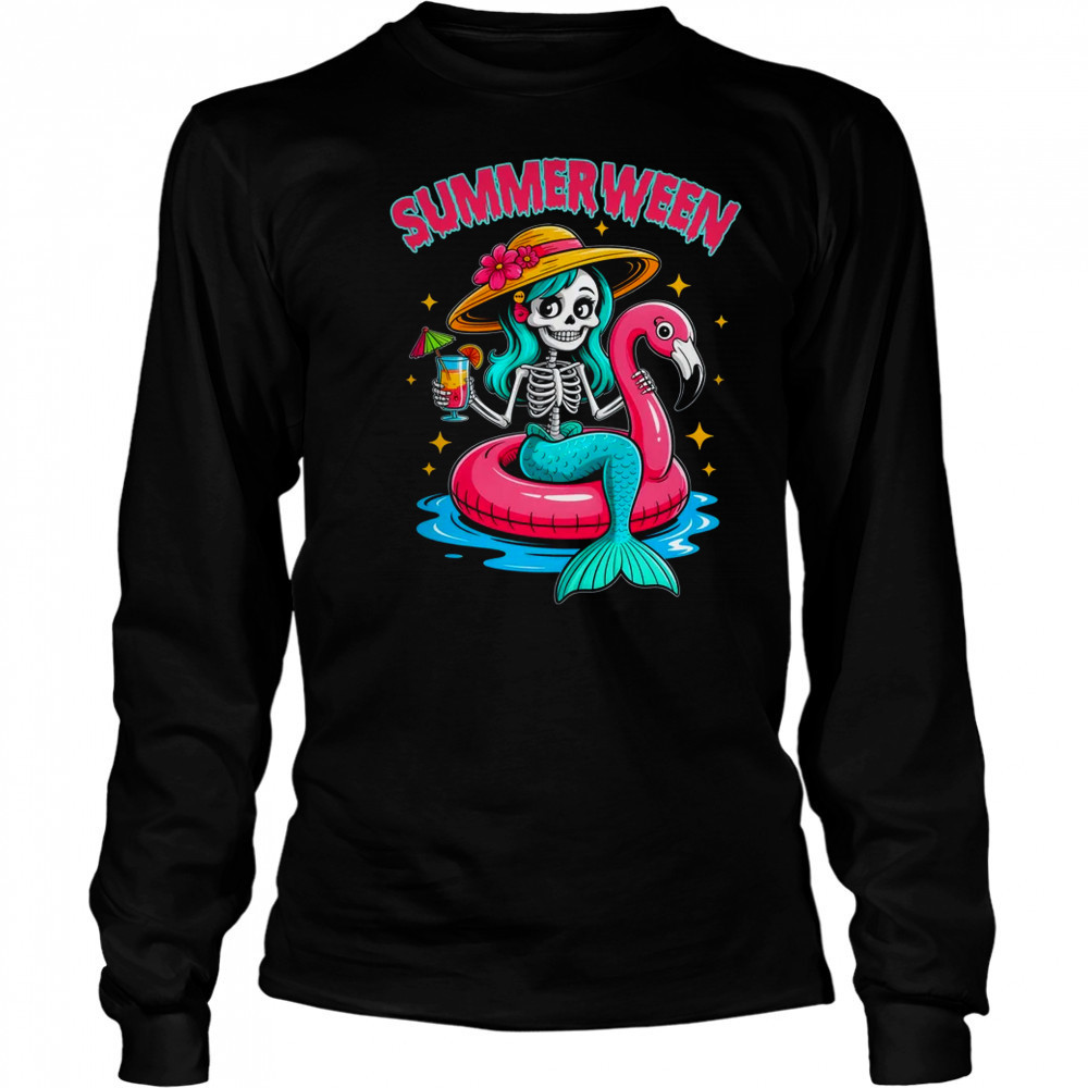 Summerween Mermaid Skeleton Halloween Flamingo Summer Vacay shirt Long Sleeved