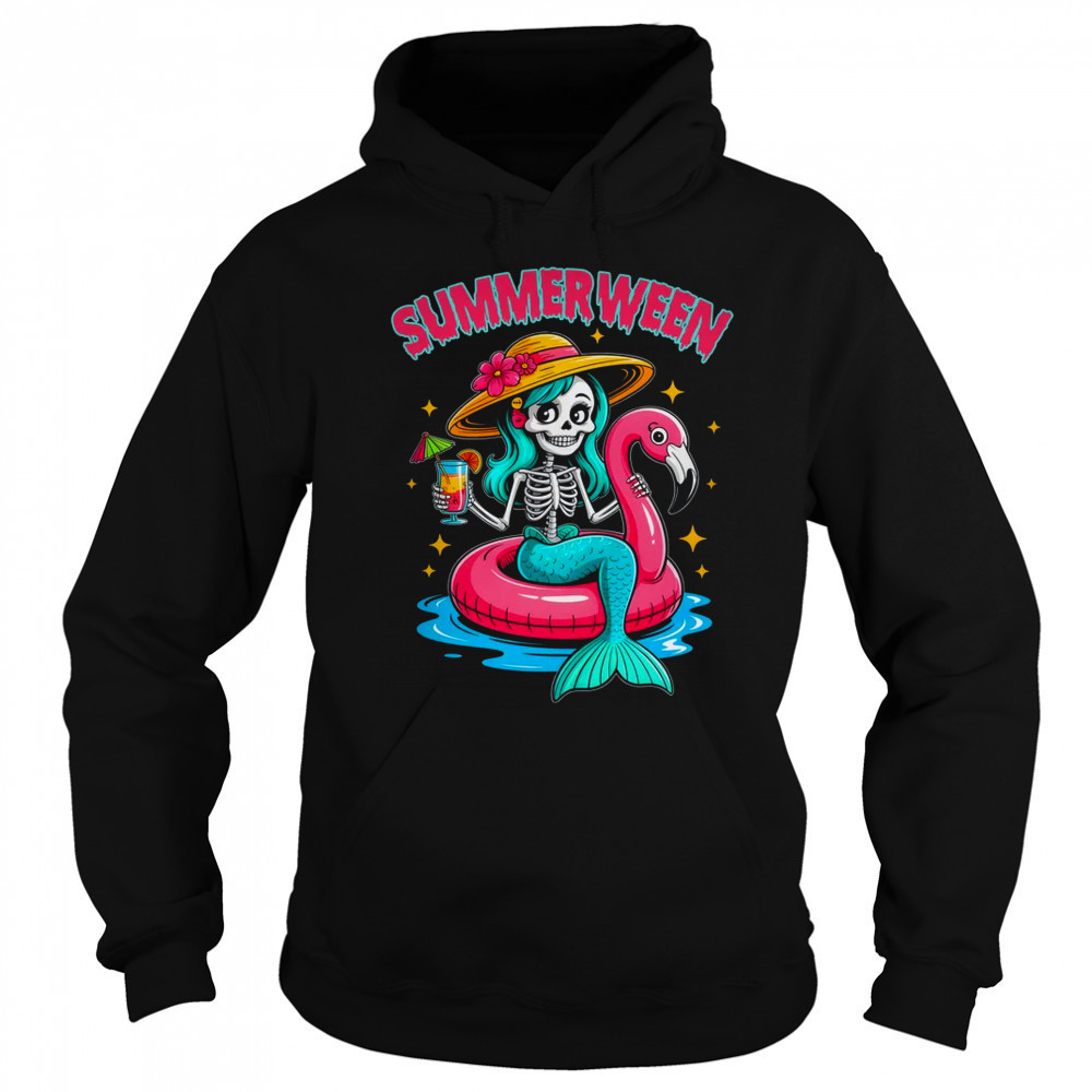 Summerween Mermaid Skeleton Halloween Flamingo Summer Vacay shirt Hoodie