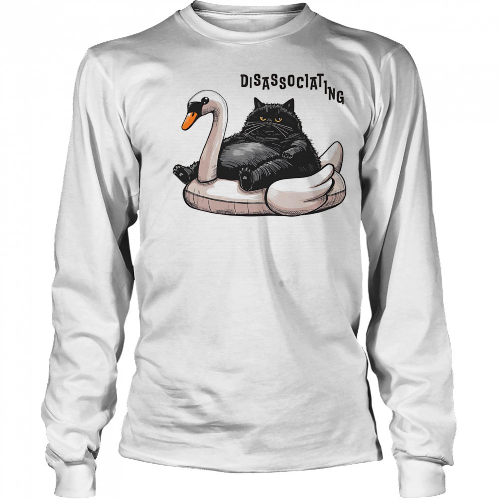 Disassociating chonky cat on a swan floatie shirt Long Sleeved