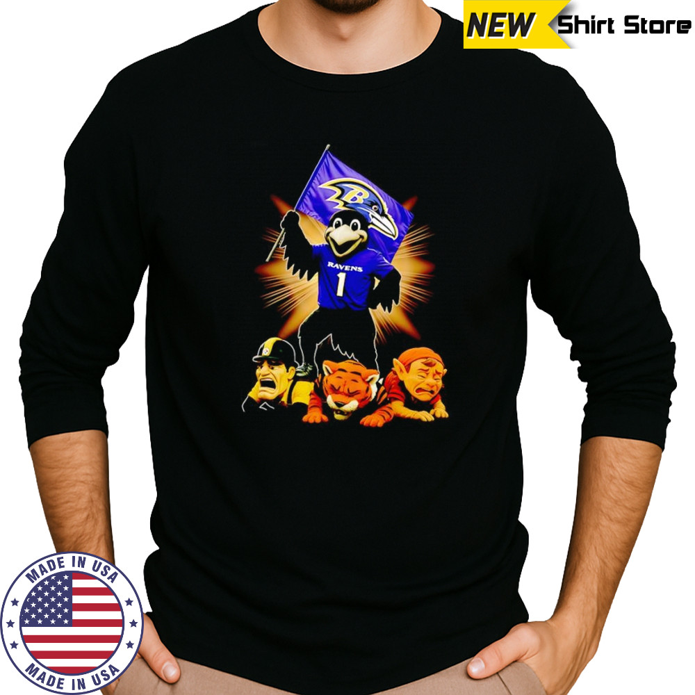 Baltimore Ravens mascot standing with flag shirt Long Sleeved