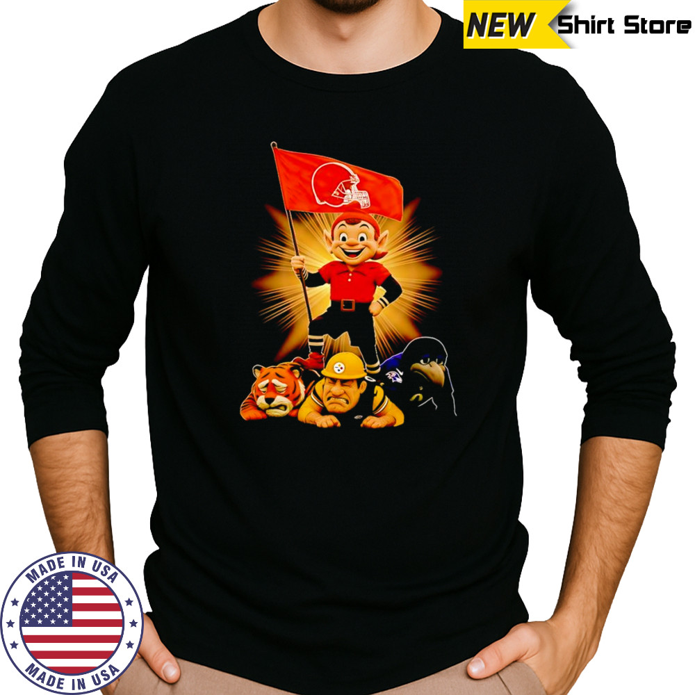 Cleveland Browns mascot standing with flag shirt Long Sleeved