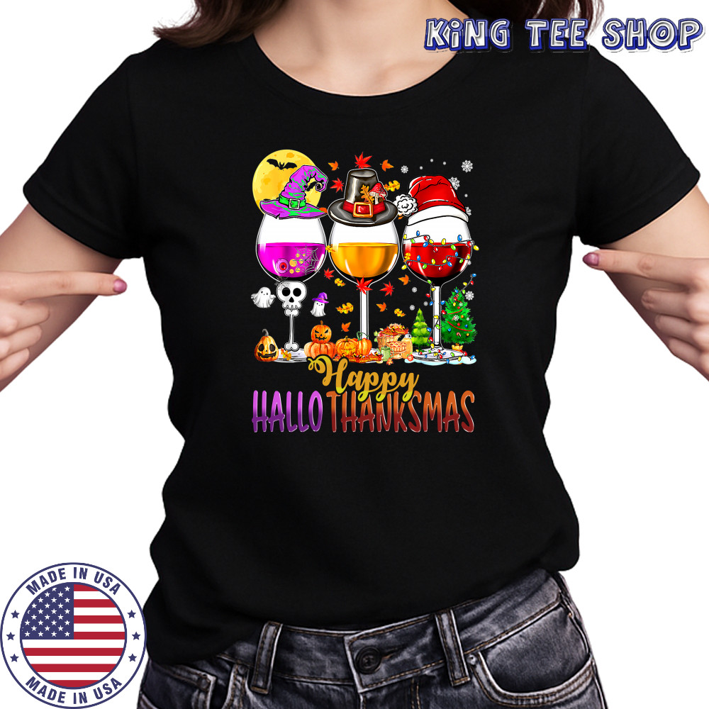 Halloween Thanksgiving Christmas Happy Hallothanksmas Wine T-Shirt Ladies T-shirt