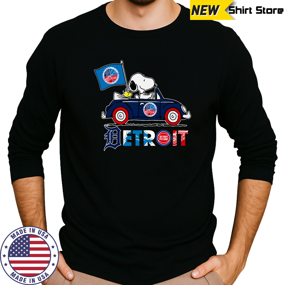 Snoopy And Woodstock Driver Car Detroit City Sports Tigers Lions Pistons And Red Wings T-shirt Long Sleeved