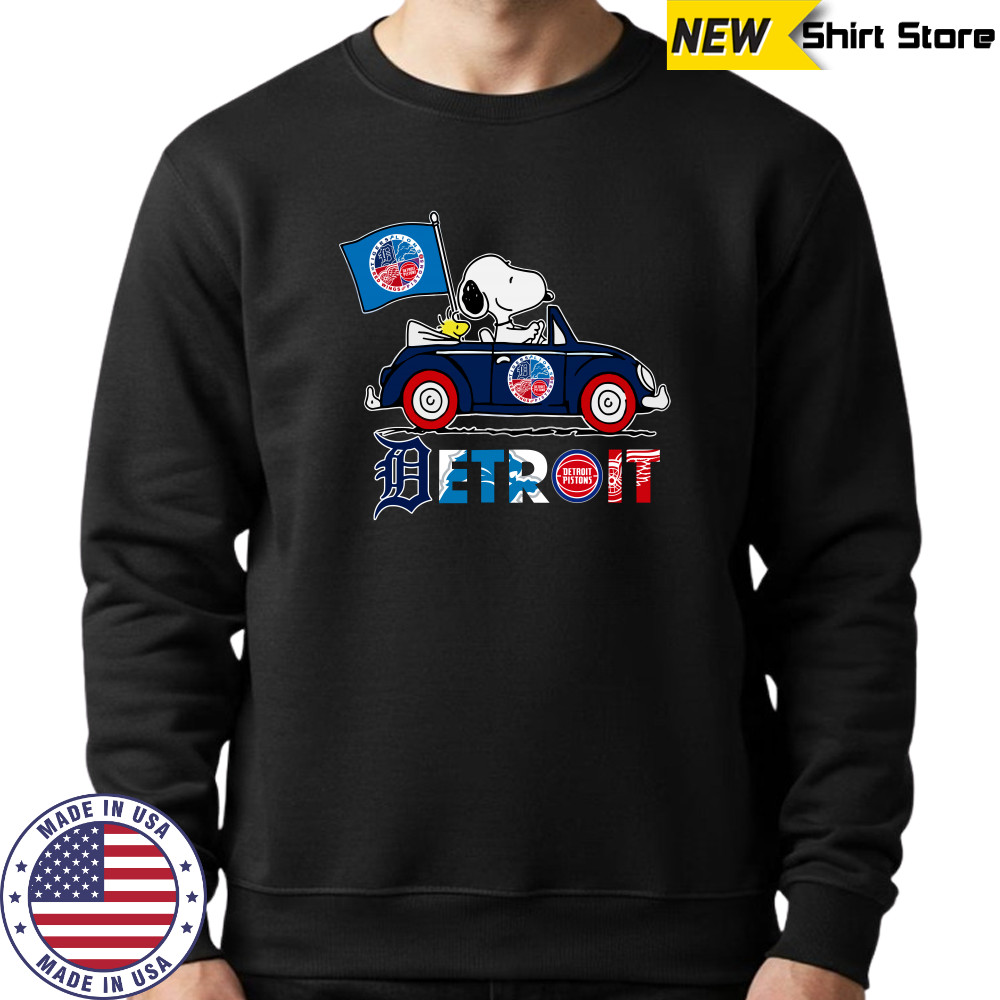 Snoopy And Woodstock Driver Car Detroit City Sports Tigers Lions Pistons And Red Wings T-shirt Sweatshirt