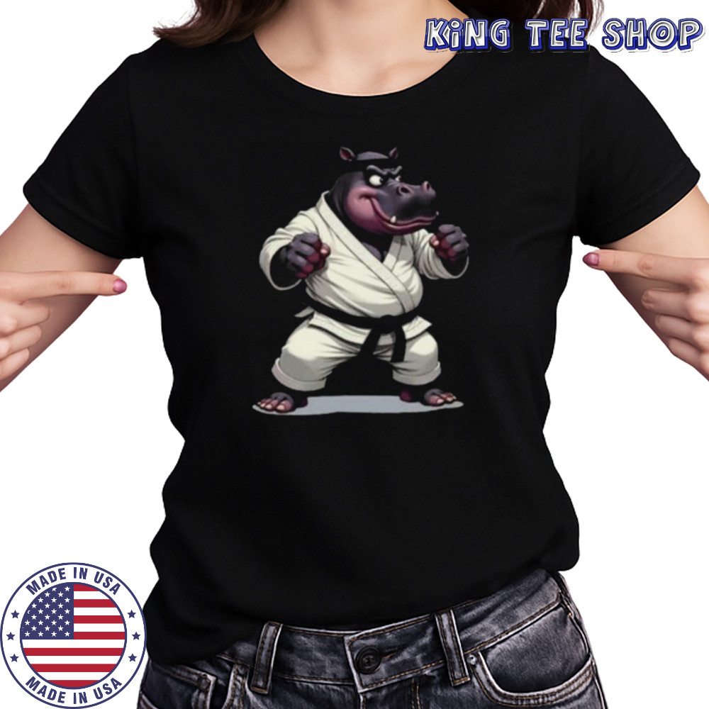 Combative Hippo wearing a GI in fight pose 1 Fan Fun Long Sleeve Shirt Women's T-shirt