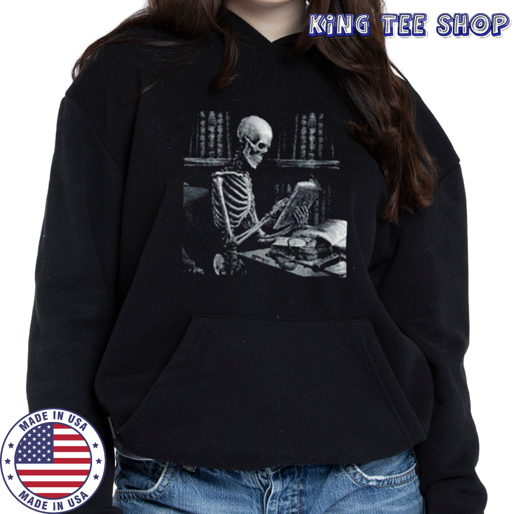 Womens Dark The Reader Skeleton Reading Book Bookworm Bookish V Neck Shirt Hoodie