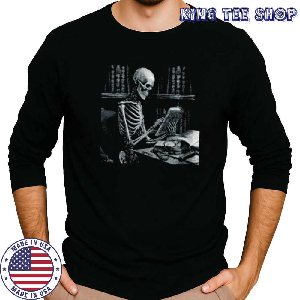 Womens Dark The Reader Skeleton Reading Book Bookworm Bookish V Neck Shirt Long Sleeved