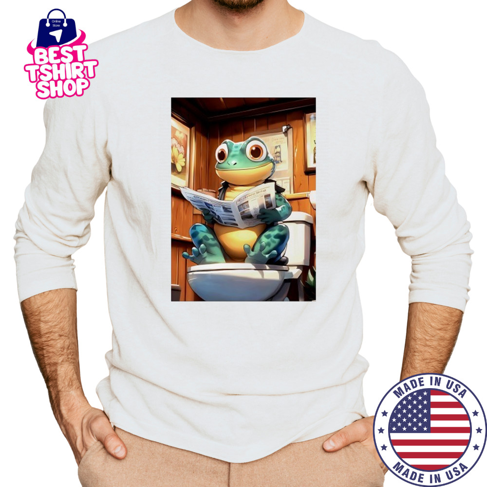 Green Gecko reads Morning Newspaper Rustic Wood Bathroom shirt Long Sleeved
