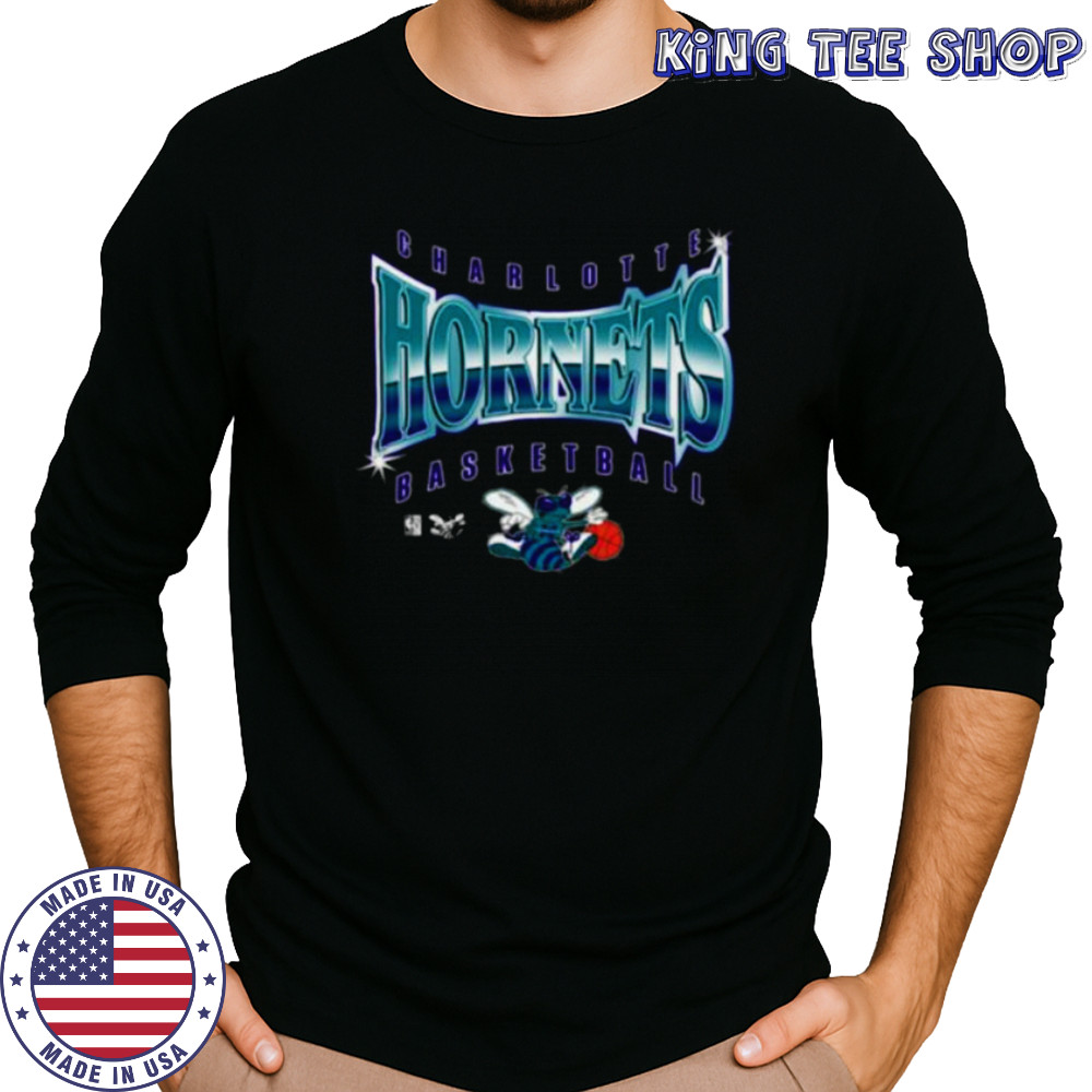 Men’s Mitchell & Ness Black Charlotte Hornets Worldwide Collection Glow Up T Shirt Long Sleeved