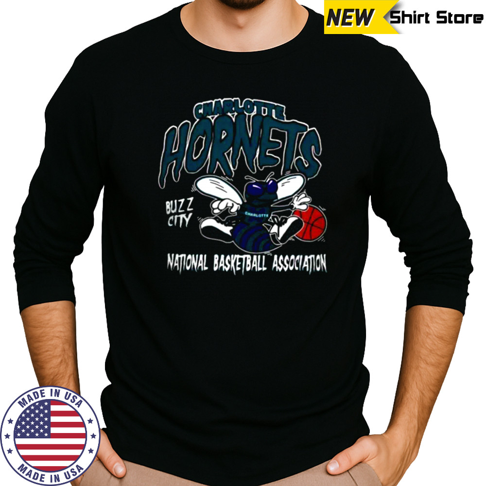 Mitchell & Ness Black Charlotte Hornets Retro Mascot Script T Shirt Long Sleeved