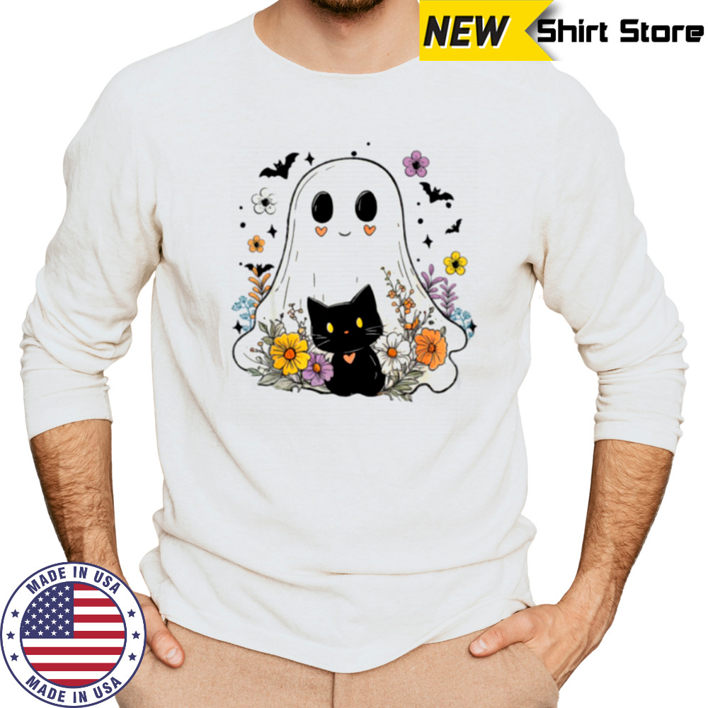 Floral Ghost Black Cat Halloween Costume Shirt Long Sleeved