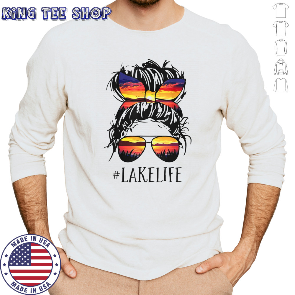 Lake Life Messy Bun Girls Women Mom Mother Grandma T-Shirt Long Sleeved