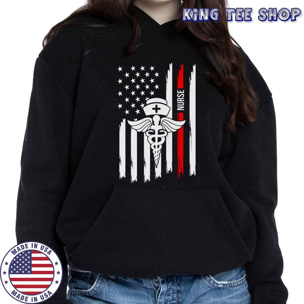American Flag Nurse Caduceus Red Stripe Nurse Cap Healthcare Heroes T-Shirt Hoodie