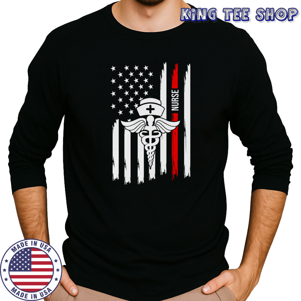 American Flag Nurse Caduceus Red Stripe Nurse Cap Healthcare Heroes T-Shirt Long Sleeved