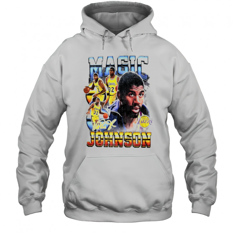 Magic Johnson Los Angeles Lakers Hardwood Classics commemorative player collage shirt Hoodie