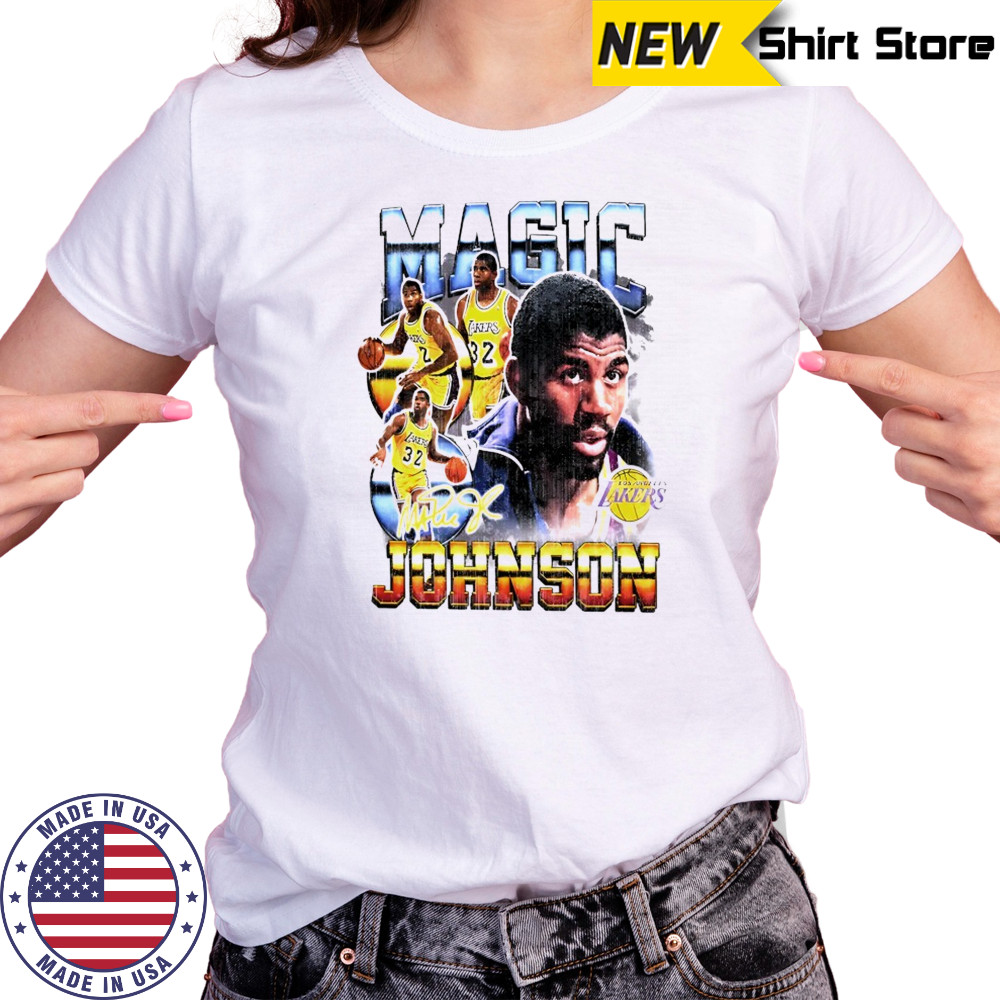Magic Johnson Los Angeles Lakers Hardwood Classics commemorative player collage shirt Women's T-shirt