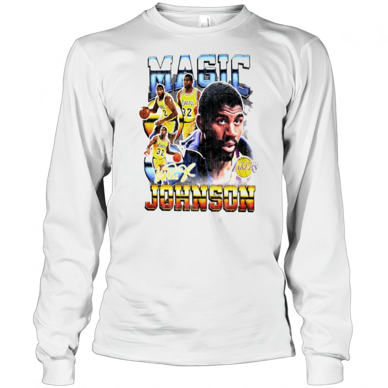 Magic Johnson Los Angeles Lakers Hardwood Classics commemorative player collage shirt Long Sleeved