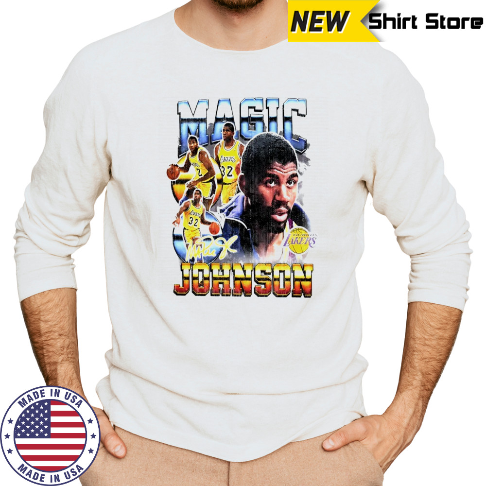 Magic Johnson Los Angeles Lakers Hardwood Classics commemorative player collage shirt Long Sleeved