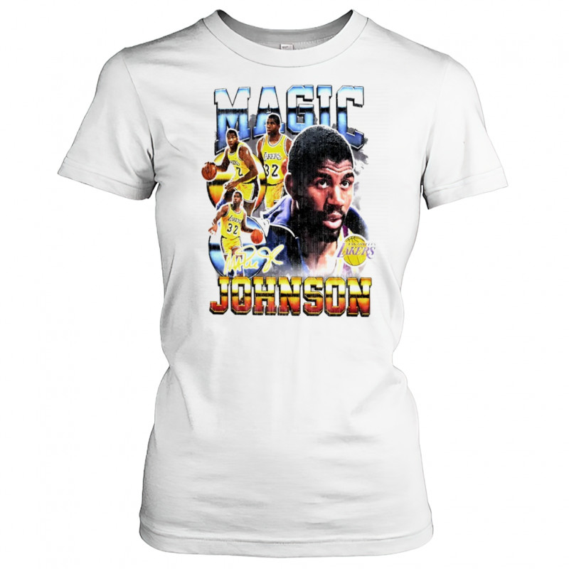 Magic Johnson Los Angeles Lakers Hardwood Classics commemorative player collage shirt Women's T-shirt