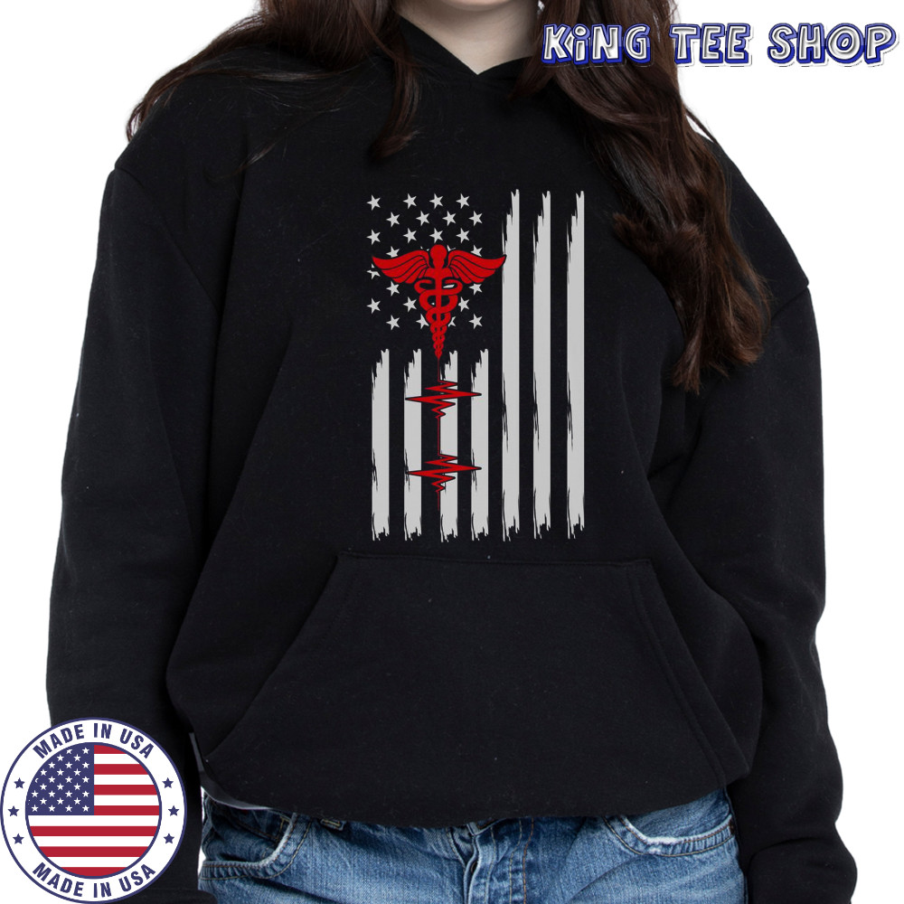 Patriotic Medical American Flag Red Caduceus Heartbeat T-Shirt Hoodie