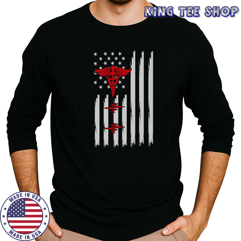 Patriotic Medical American Flag Red Caduceus Heartbeat T-Shirt Long Sleeved