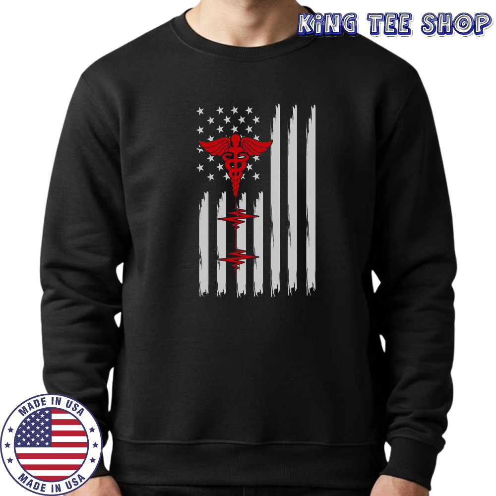 Patriotic Medical American Flag Red Caduceus Heartbeat T-Shirt Sweatshirt