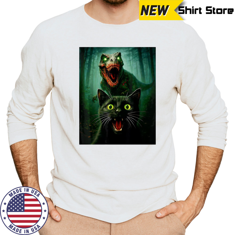 Zombie T-Rex and Cat selfie Halloween shirt Long Sleeved