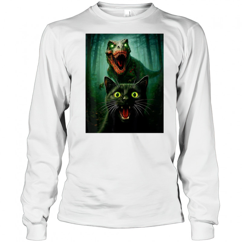 Zombie T-Rex and Cat selfie Halloween shirt Long Sleeved