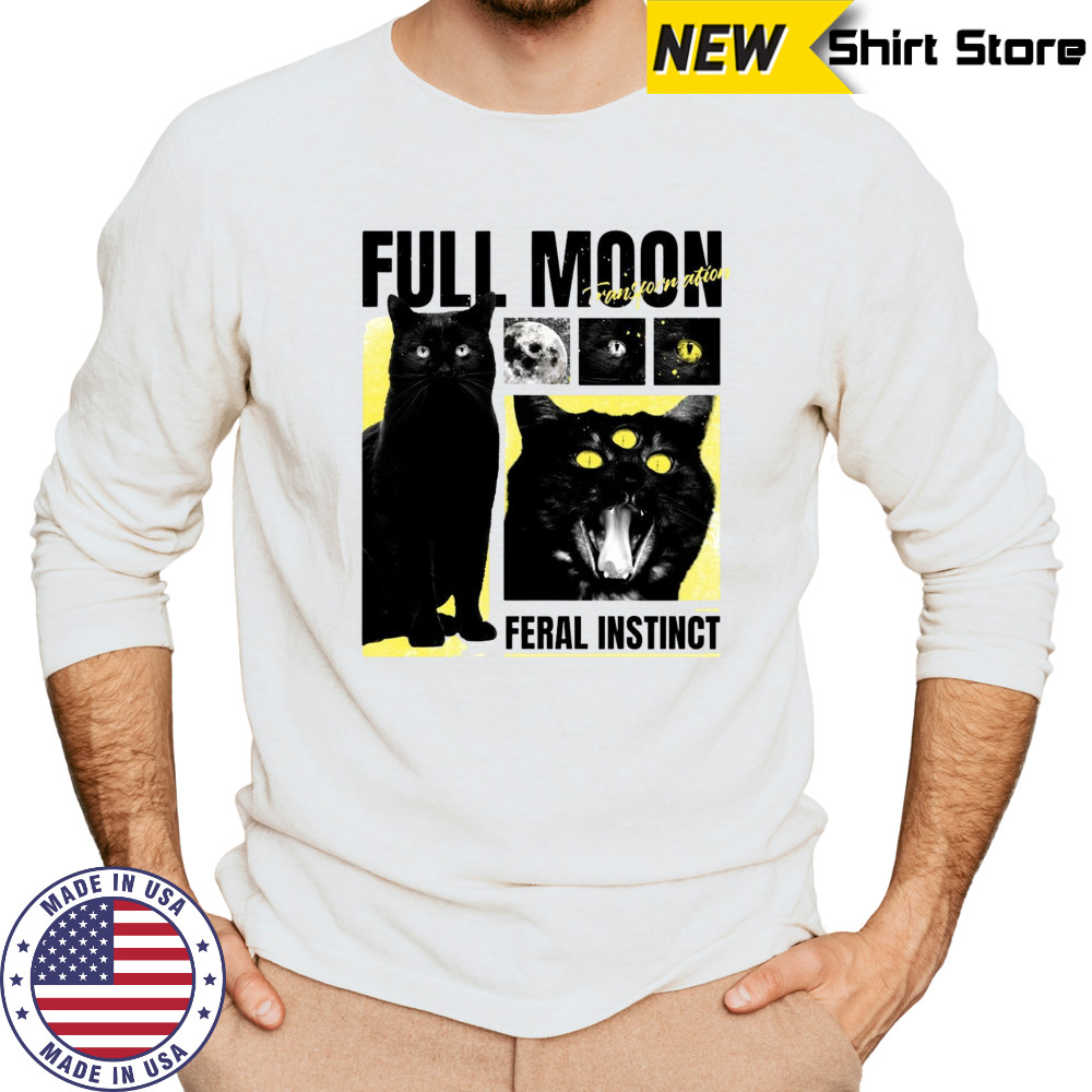 Full Moon Feral Instinct Black Cat Halloween Mens Cotton T-Shirt Long Sleeved