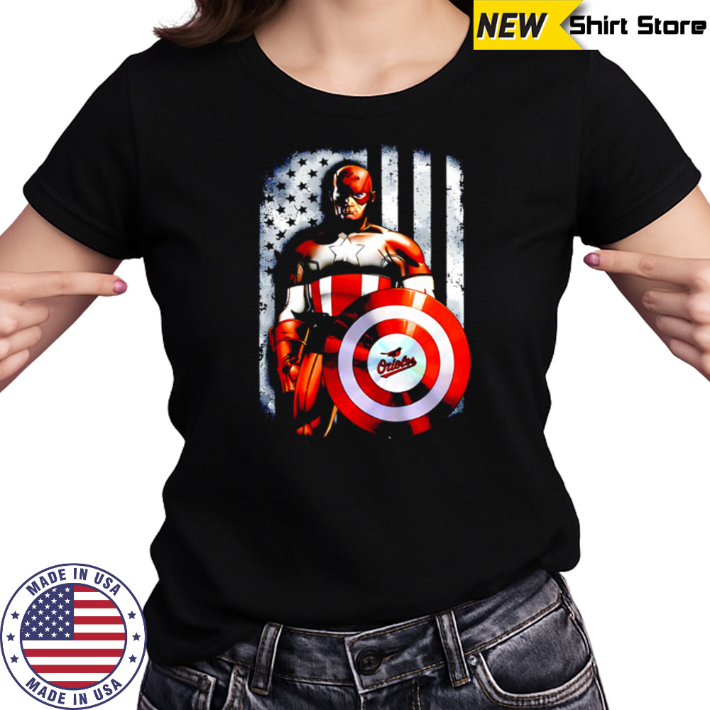 Baltimore Orioles Baseball Captain America Marvel American Flag shirt Women's T-shirt