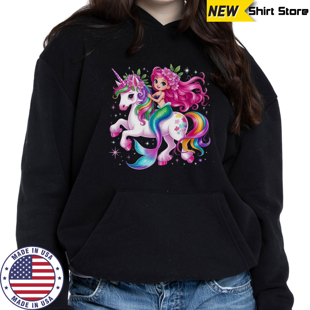 Mermaid Riding A Unicorn Girls Women Kids Adults Rainbow shirt Hoodie
