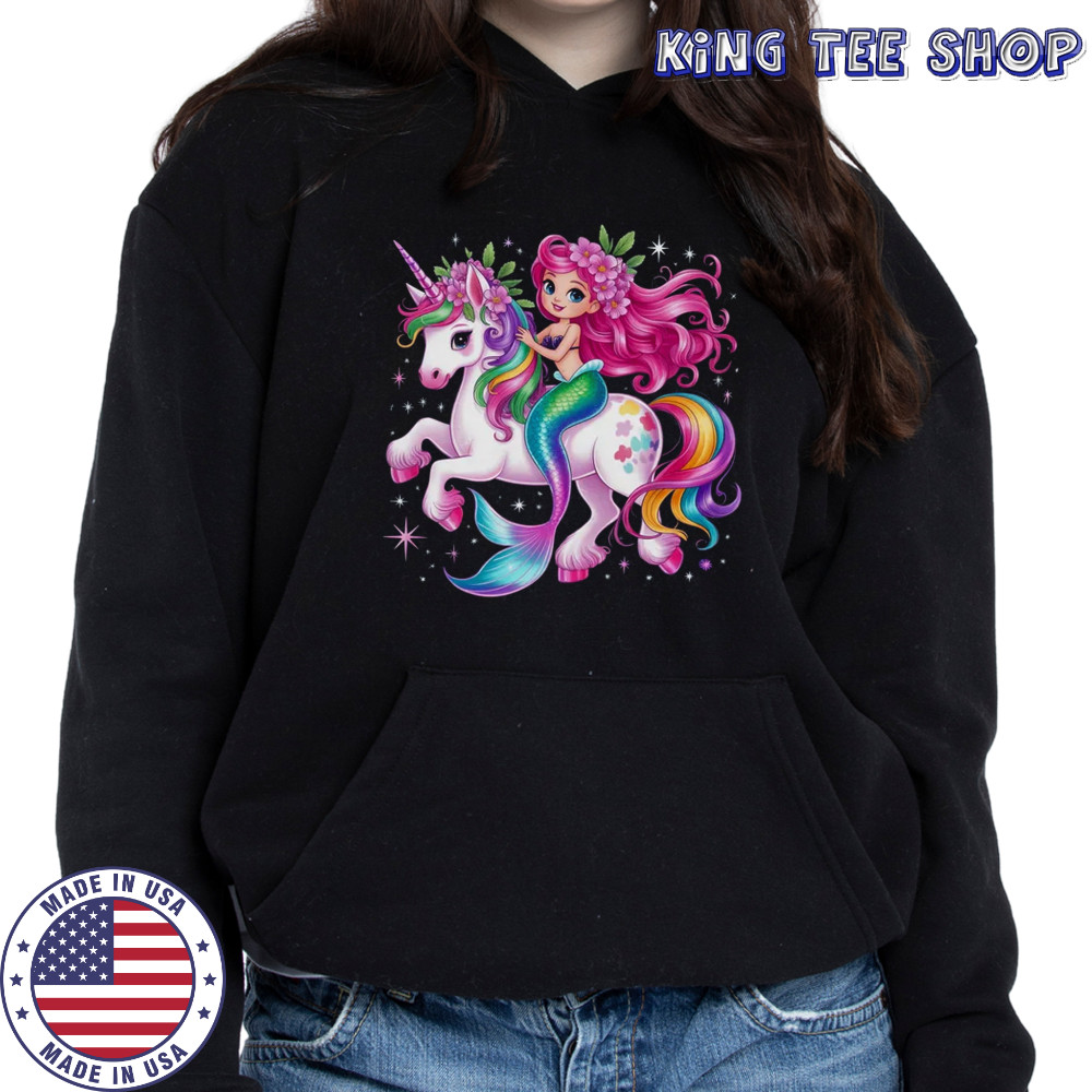 Mermaid Riding A Unicorn Girls Women Kids Adults Rainbow shirt Hoodie