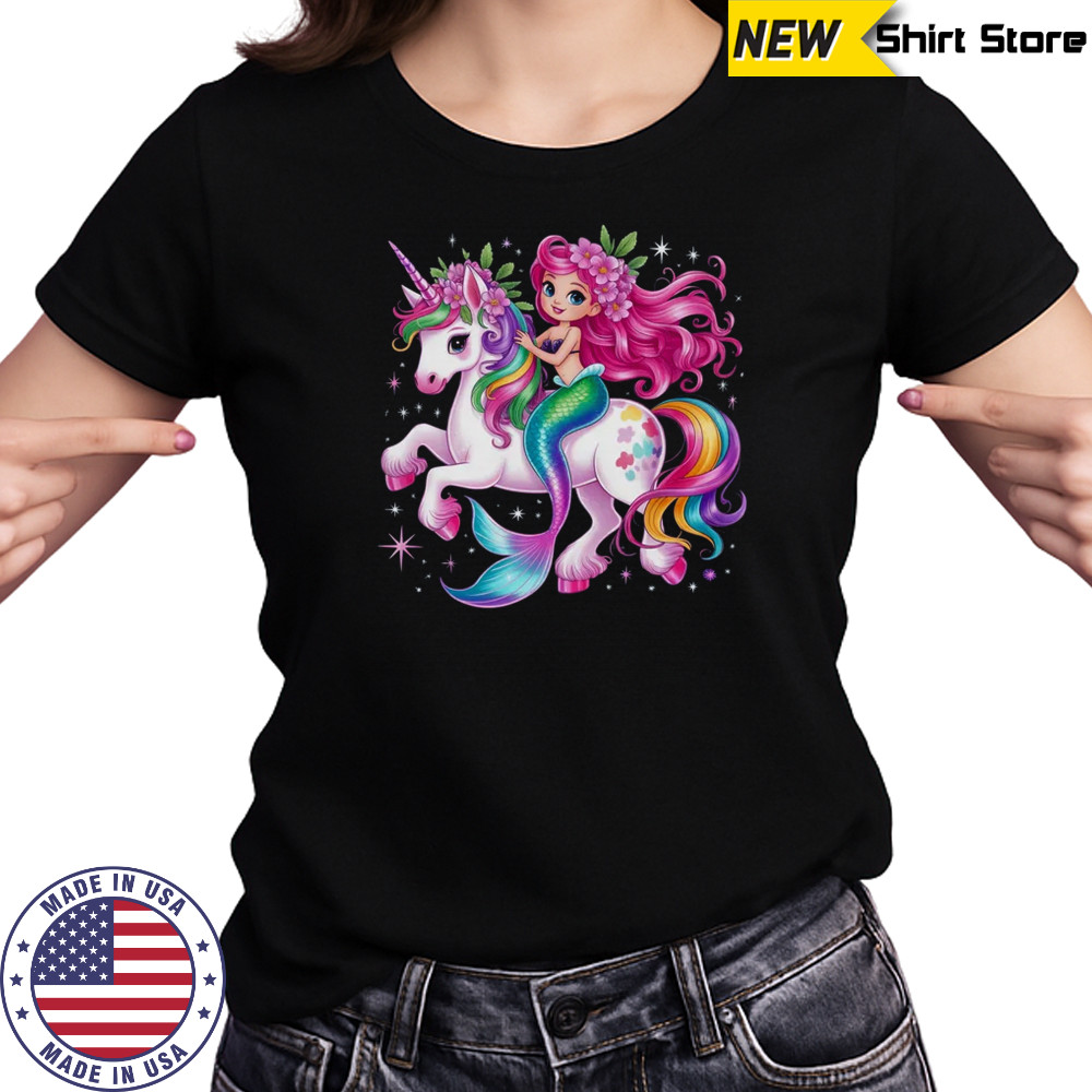Mermaid Riding A Unicorn Girls Women Kids Adults Rainbow shirt Women's T-shirt