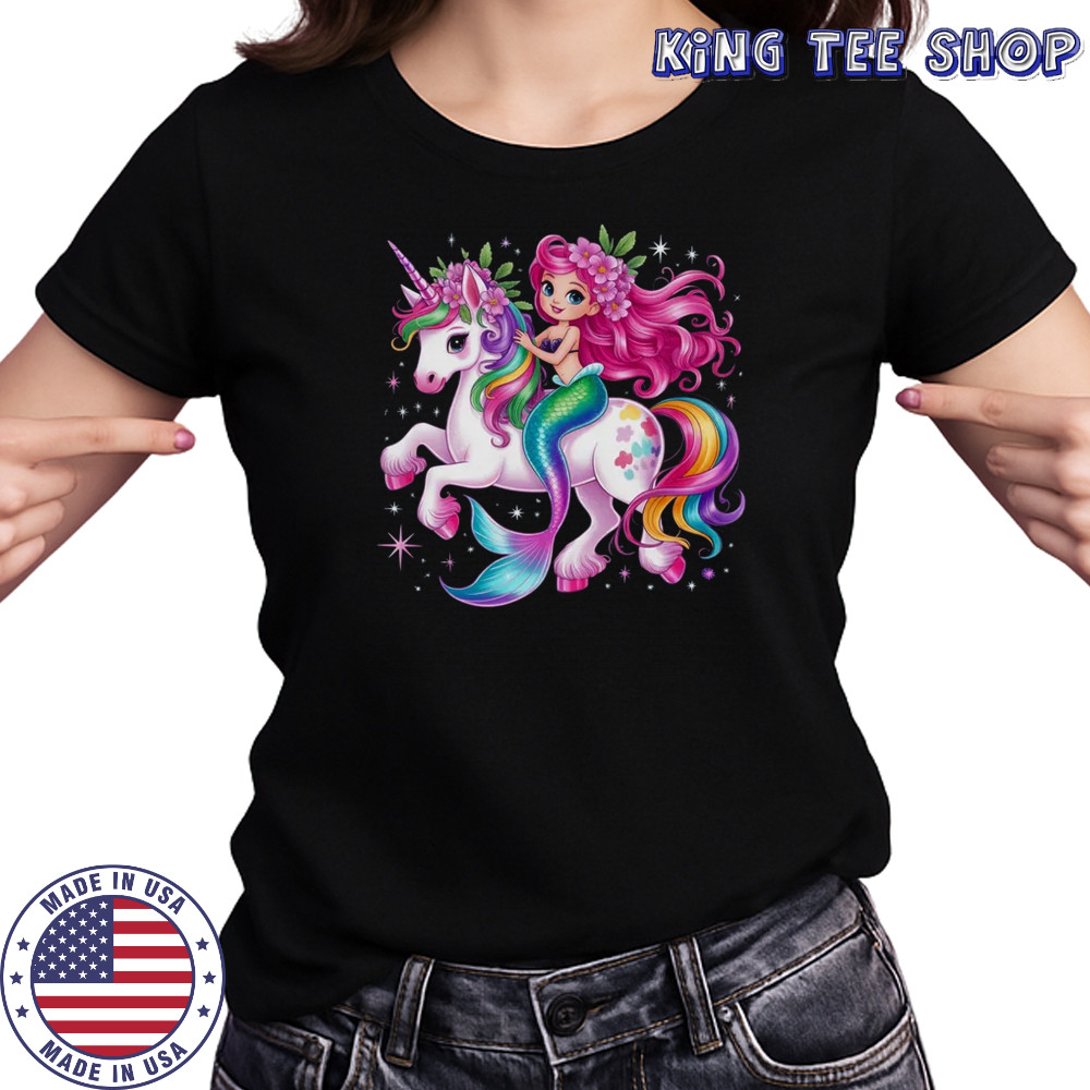 Mermaid Riding A Unicorn Girls Women Kids Adults Rainbow shirt Women's T-shirt