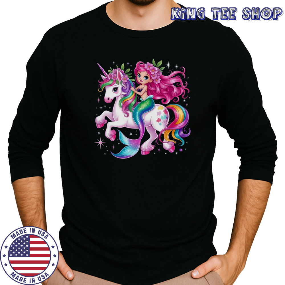 Mermaid Riding A Unicorn Girls Women Kids Adults Rainbow shirt Long Sleeved