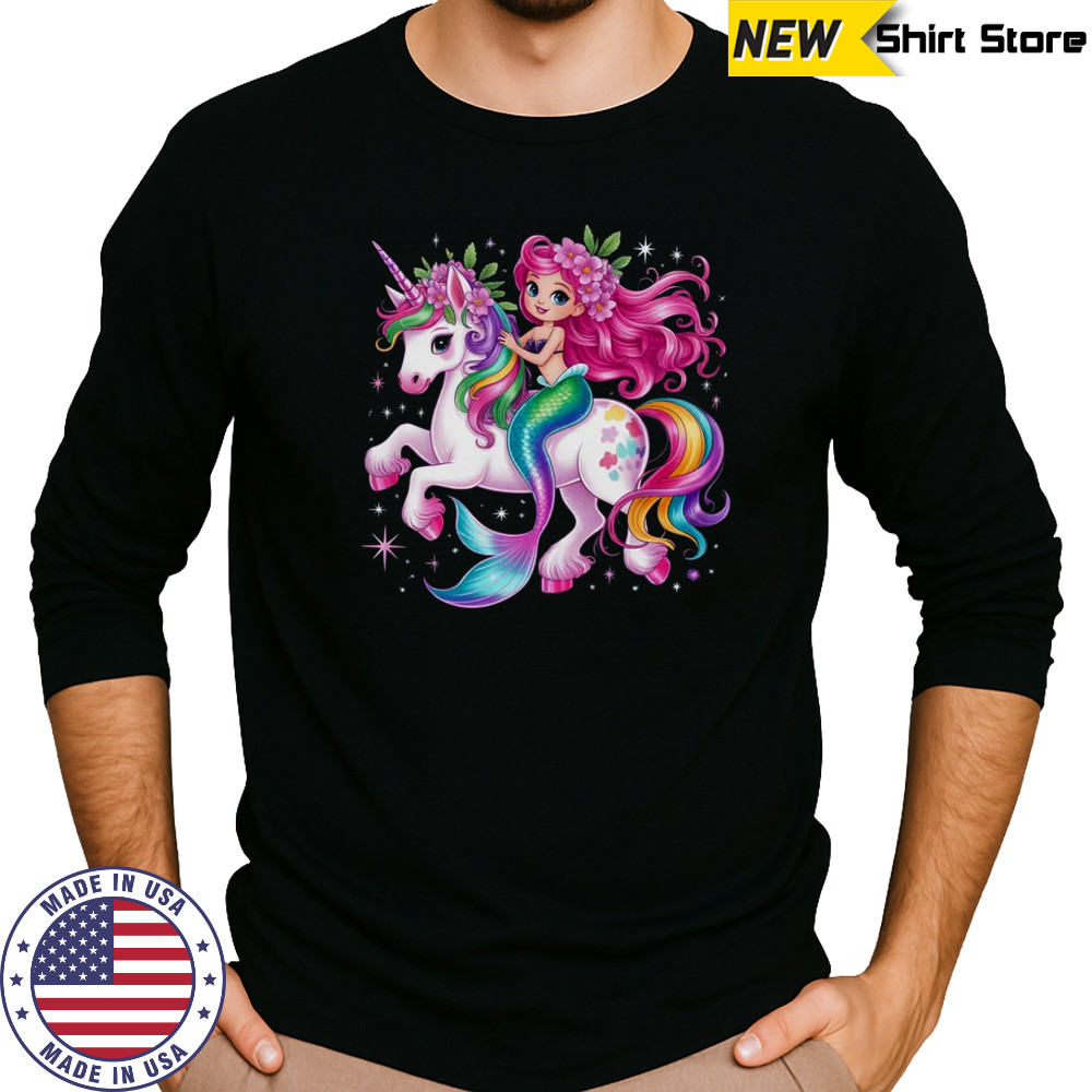 Mermaid Riding A Unicorn Girls Women Kids Adults Rainbow shirt Long Sleeved