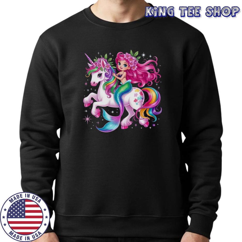 Mermaid Riding A Unicorn Girls Women Kids Adults Rainbow shirt Sweatshirt