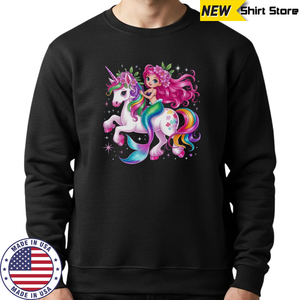 Mermaid Riding A Unicorn Girls Women Kids Adults Rainbow shirt Sweatshirt